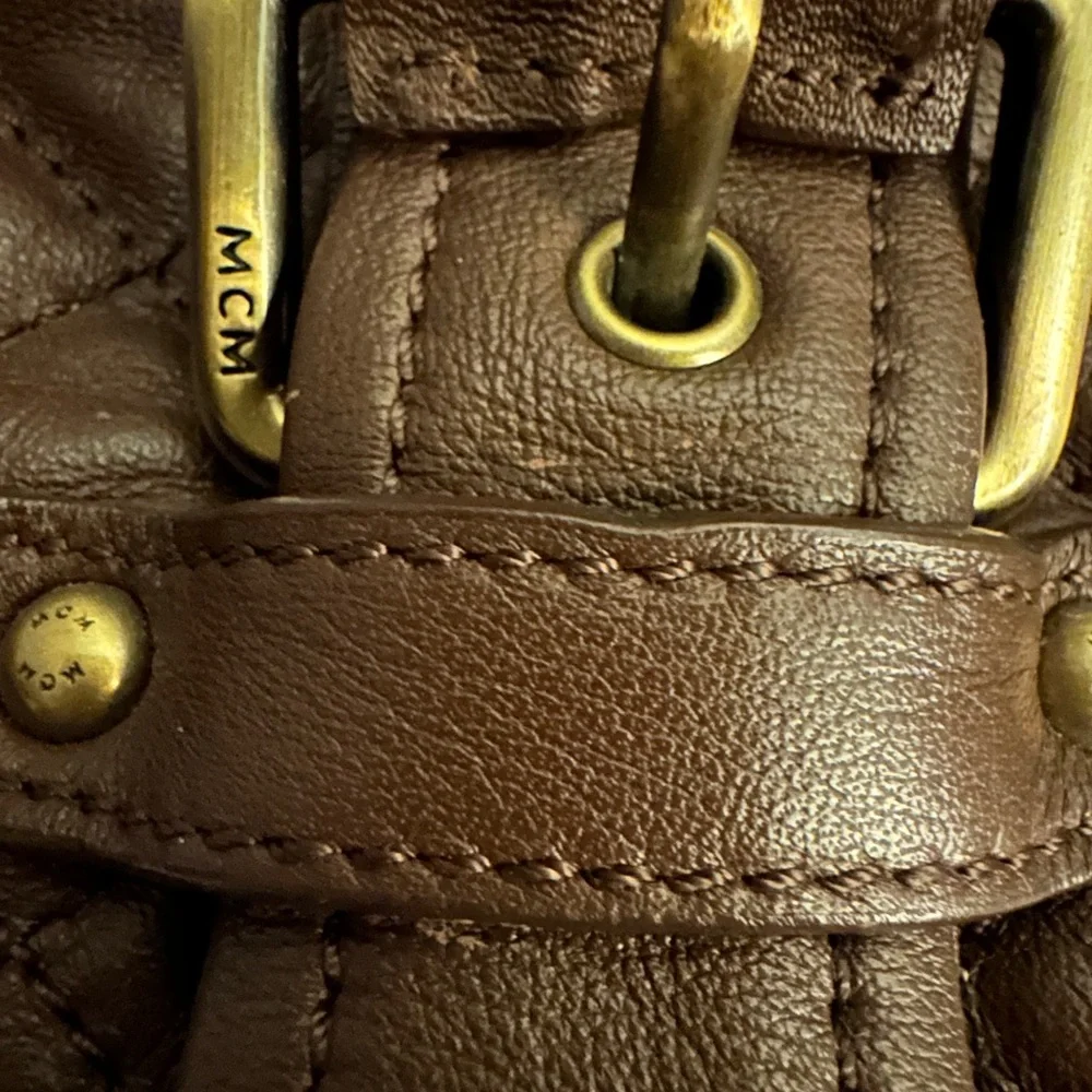 MCM VINTAGE Brown Leather large Boston Bag with Gold Accents
